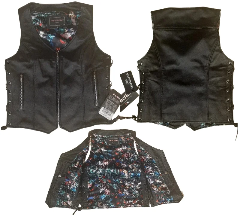 Ladies Leather Vest with Blue Floral Garden Lining 265 Smart-Casual Vest Coat