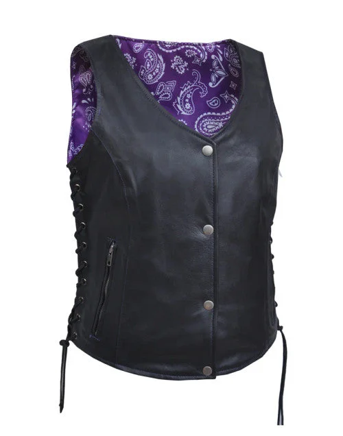 Ladies Leather Vest with Purple Paisley Lining 6890 WV Fitted Waistcoat Vest