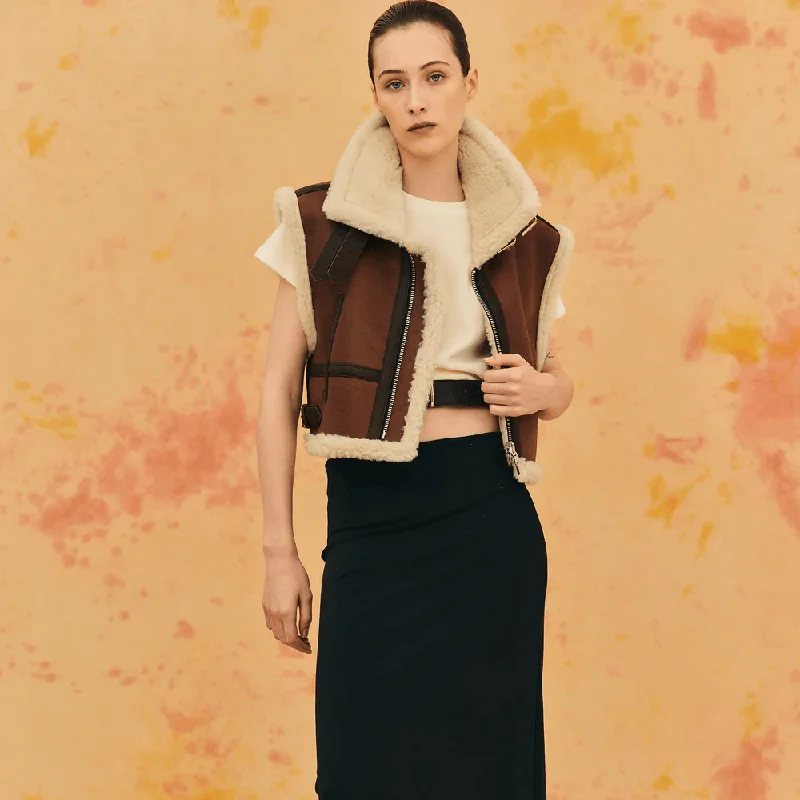 Ladies Sheepskin Shearling Aviator Leather Vest Trendy Belted Vest