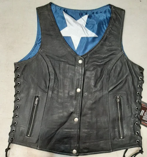 Ladies Leather Vest with Texas Flag Lining 6890.TXS WV Hooded Sherpa Vest