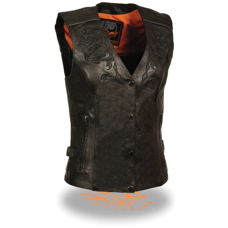 Milwaukee Leather ML1296 Womens Black Leather Vest with Reflective Belted Puffer Vest Milwaukee Leather ML1296 Womens Black Leather Vest with Reflective Belted Puffer Vest