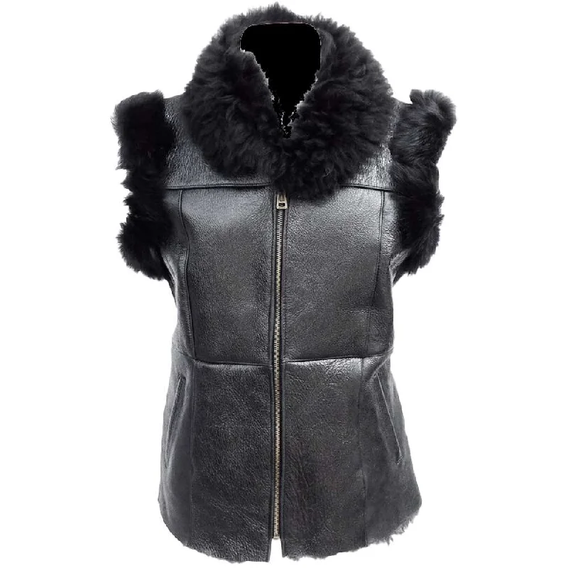 Women Black Shearling leather Vest Puffy Outdoor Vest