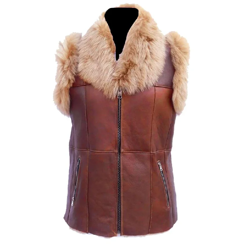 Women Bomber Shearling Wax Leather Vest Stylish Streetwear Vest