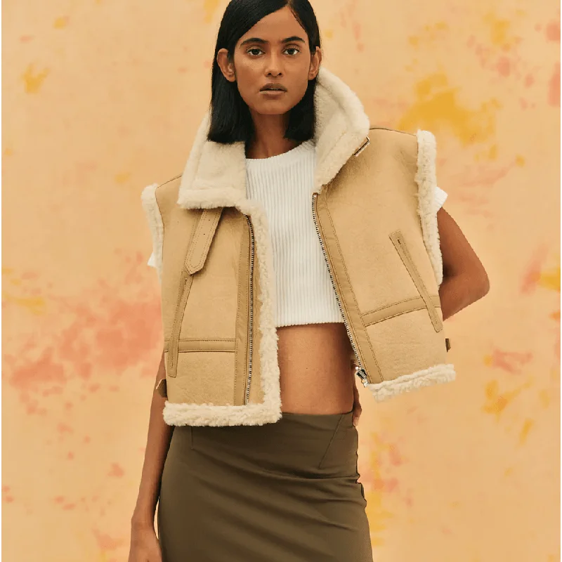 Women's Aviator Sheepskin Leather Vest Fur-Trimmed Vest Coat