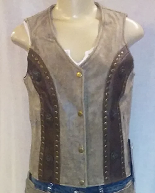 Ladies Two Tone Brown Leather Vest 6859 WV Classic Wool Vest
