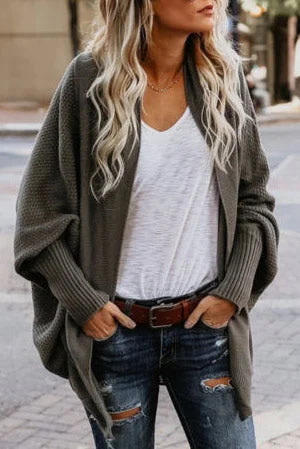 Casual Grey Midi Knit Sweater Cardigan Slim Fit Regular Fit Oversized