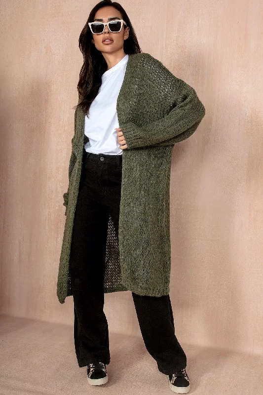 Catherine Khaki Chunky Knit Cardigan Transparent Opaque Sheer