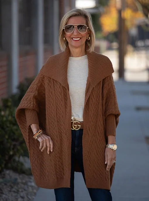 Chestnut Cable Knit Oversized Poncho Cardigan Neon metallic Matte