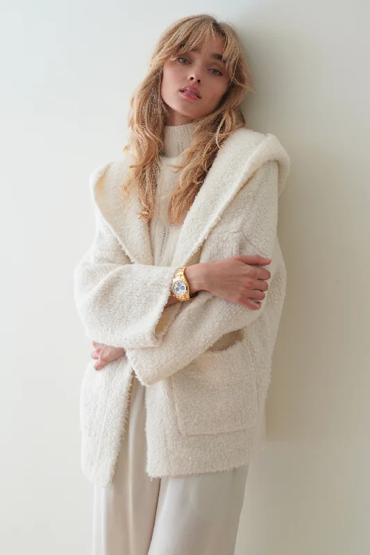 DUNE SHERPA HOODED CARDIGAN | GARDENIA Fleece Fabric Down Fabric Feather Fabric