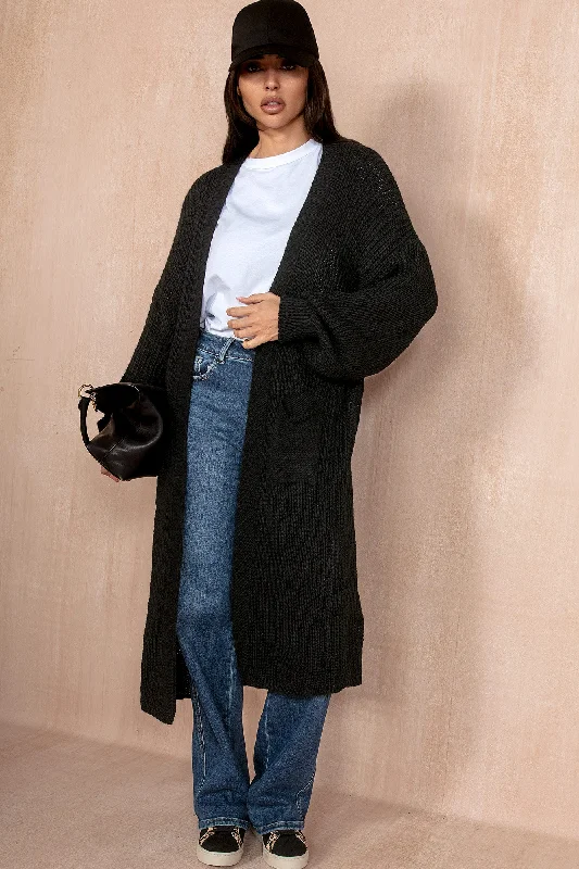 Elouise Black Chunky Knit Cardigan Fleece Cardigan Nylon Polyester