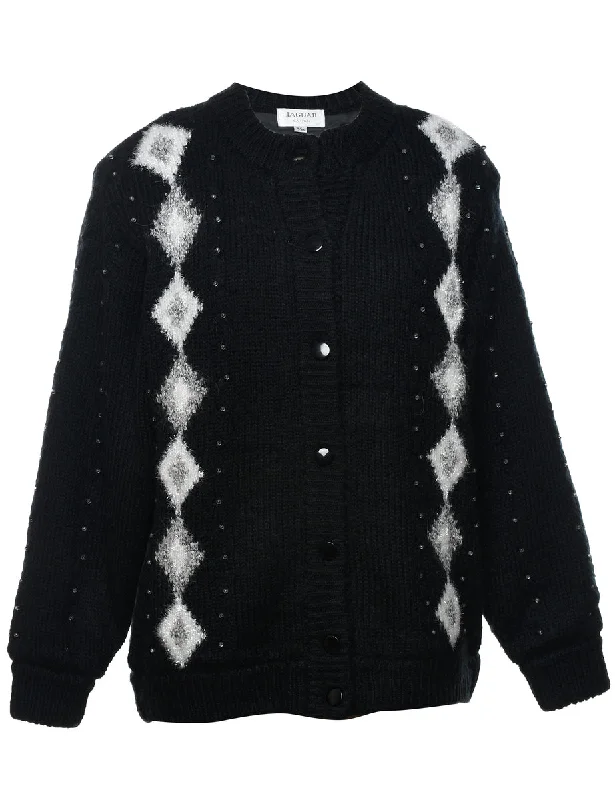 Jaguar Black, Grey & White Argyle Cardigan - S Cotton Fabric Linen Fabric Terry Fabric