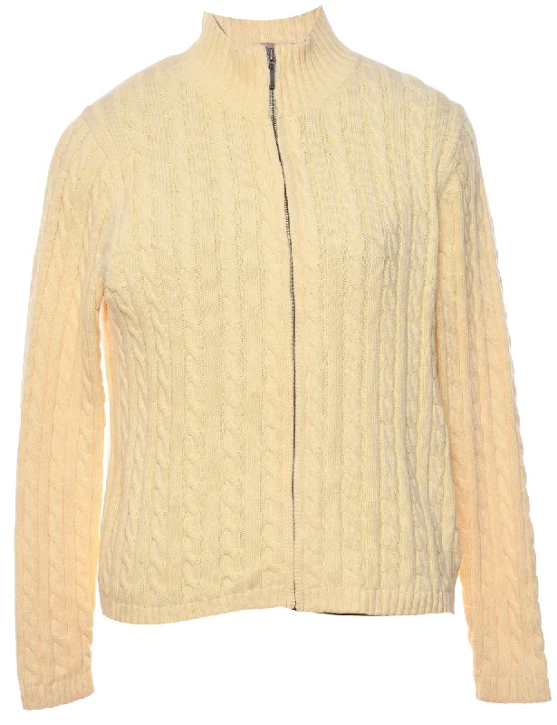 L.L. Bean Pale Yellow Zip-Front Cable Knit Cardigan - M Fitted Slim Tailored