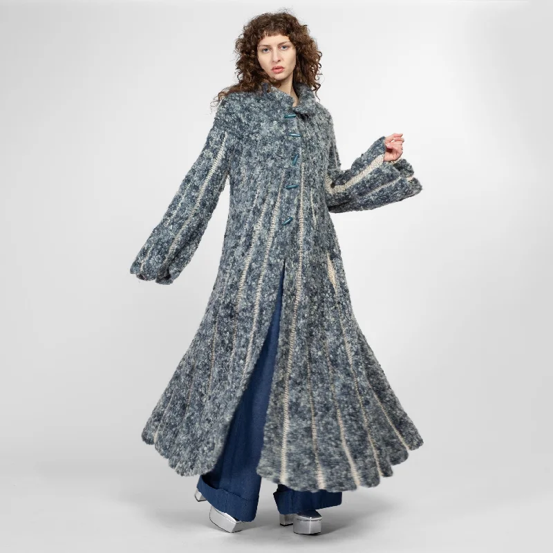 Large Vintage Blue Marled Knit Maxi Cardigan Coat Striped Floral Plaid