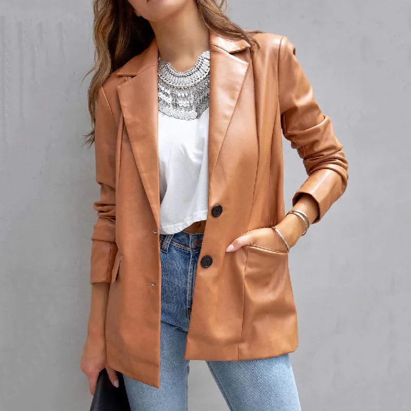 Long Sleeve Button Pu Cardigan Coat For Women Elasticated Padded Insulated
