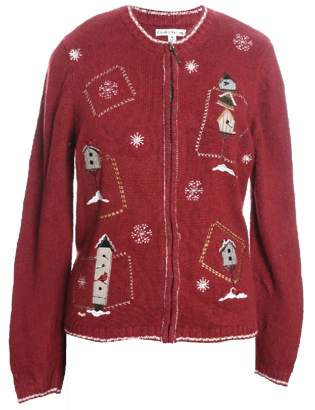 Maroon Christmas Cardigan - M Beaded Cardigan Sequined Faux Fur