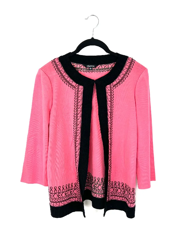 Pink Cardigan with Black Print Trim - Size 2/4 Patchwork Embroidered Appliqued