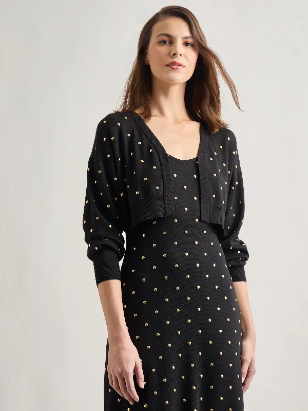 Modern Fit Cropped Gold Studded Soft Knit Cardigan Front Pockets Side Pockets Patch Pockets