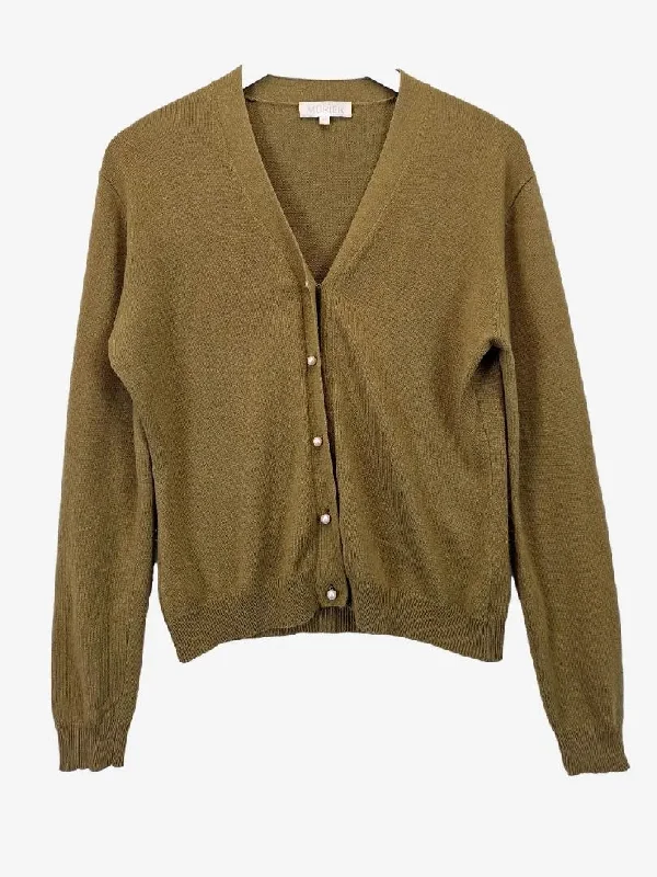 Murier Classy Olive Pearl Button Cashmere Cardigan Size 14 Collared Crew Neck Turtle Neck Murier Classy Olive Pearl Button Cashmere Cardigan Size 14 Collared Crew Neck Turtle Neck