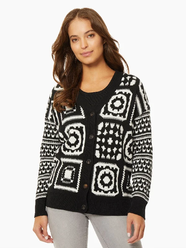 Patchwork Pattern Jacquard Boyfriend Cardigan Button Cardigan Zip Cardigan Pullover Cardigan