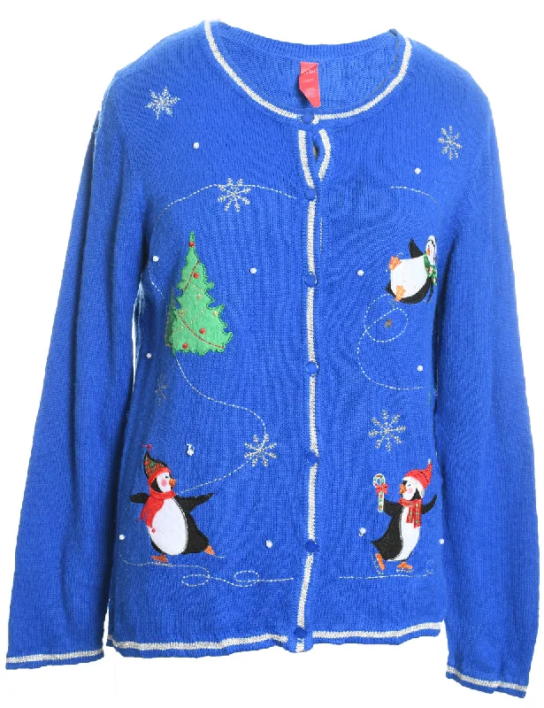 Penquin Design Blue Knit Christmas Cardigan - L Crew Neck V-Neck Turtle Neck