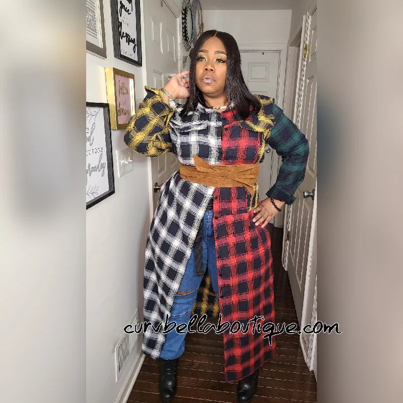 Plaid Me Maxi Cardigan Front Pockets Side Pockets Patch Pockets