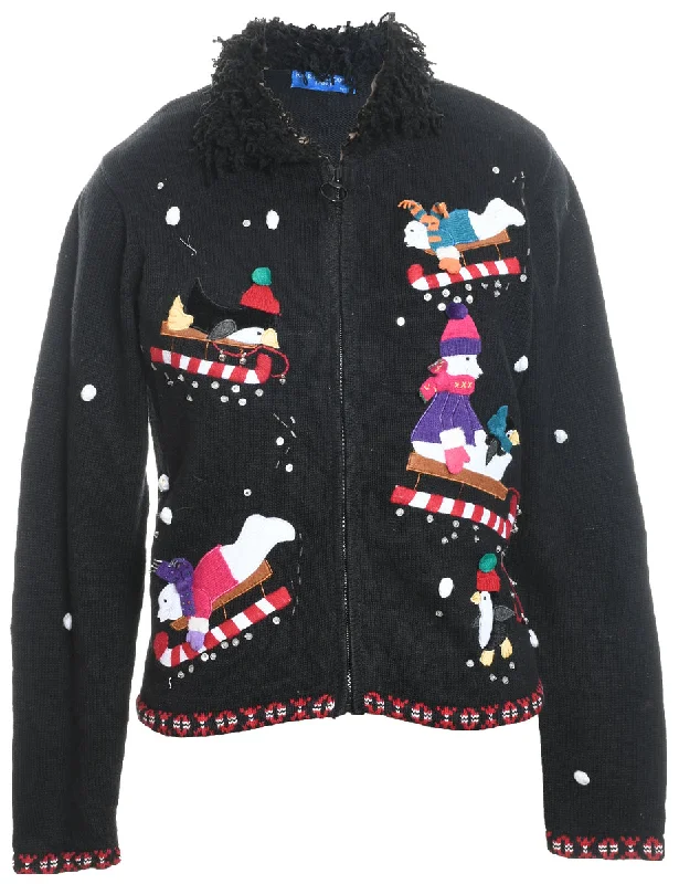 Polar Bear Design Faux Fur Trim Christmas Cardigan - M Striped Floral Plaid