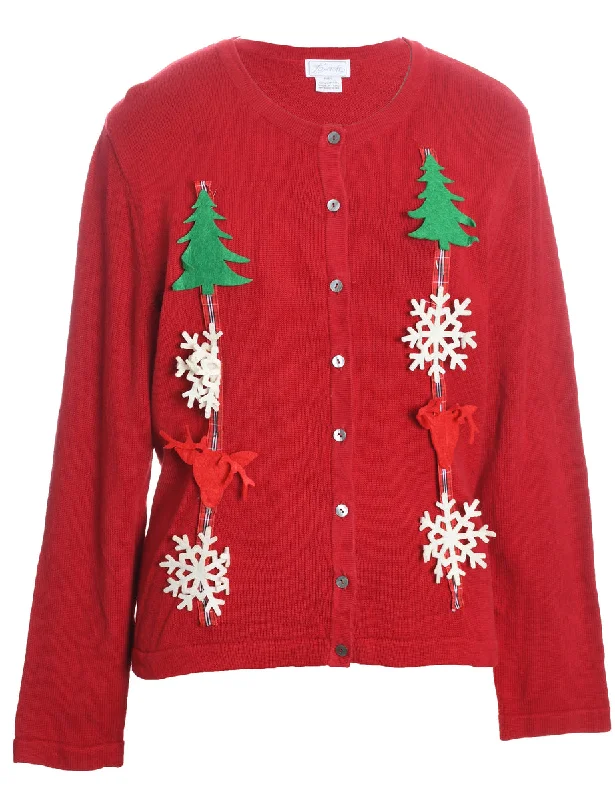 Red Christmas Cardigan - L Mesh Cardigan Canvas Denim