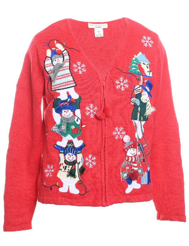 Red Knit Snowman Design Christmas Cardigan - M Patchwork Embroidered Appliqued