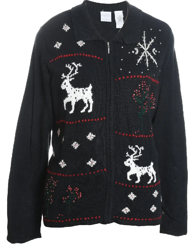 Reindeer Nordic Cardigan - L Cable Knit Ribbed Knit Lace Knit