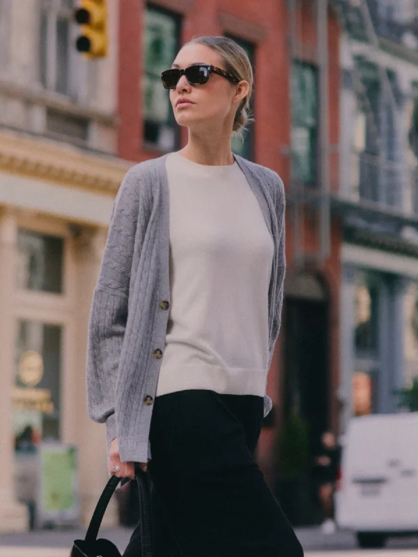 Relaxed Cashmere Cable Cardigan - Dark Grey Melange Spandex Rayon Corduroy