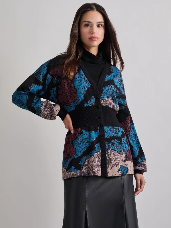 Relaxed Fit Abstract Inset Waist Jacquard Knit Cardigan Fleece Fabric Down Fabric Feather Fabric Relaxed Fit Abstract Inset Waist Jacquard Knit Cardigan Fleece Fabric Down Fabric Feather Fabric