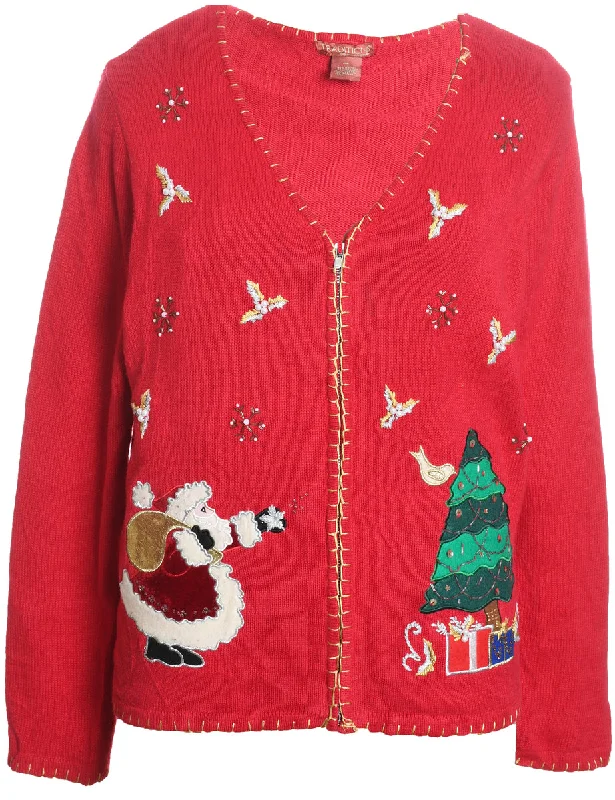 Santa Claus Christmas Cardigan - L Patchwork Embroidered Appliqued