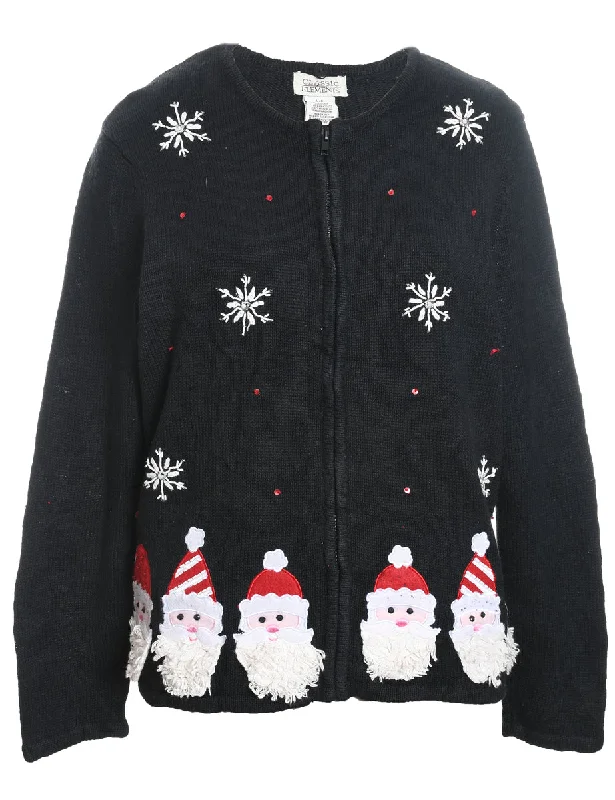 Santa Claus Design Black Zip-Front Christmas Cardigan - M Transparent Opaque Sheer