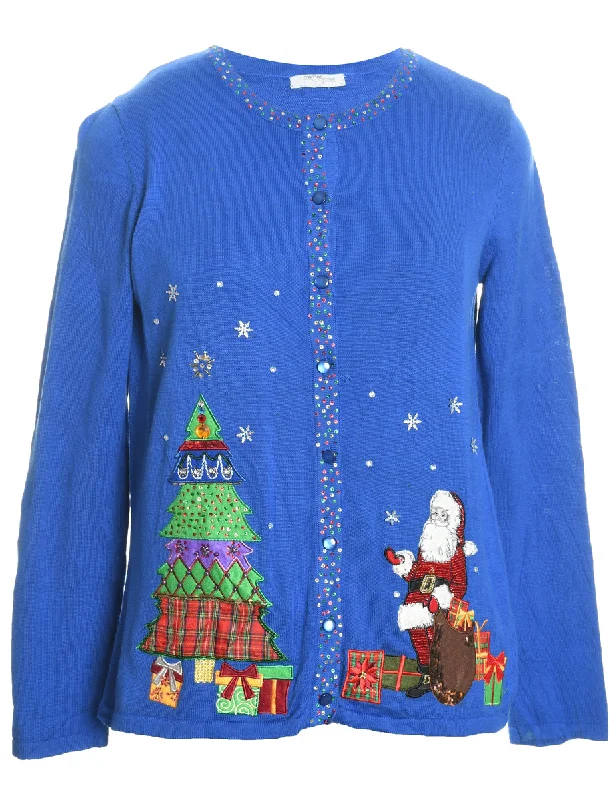Santa Claus Design Blue Sparkly Christmas Cardigan - M Tailored Straight A-Line