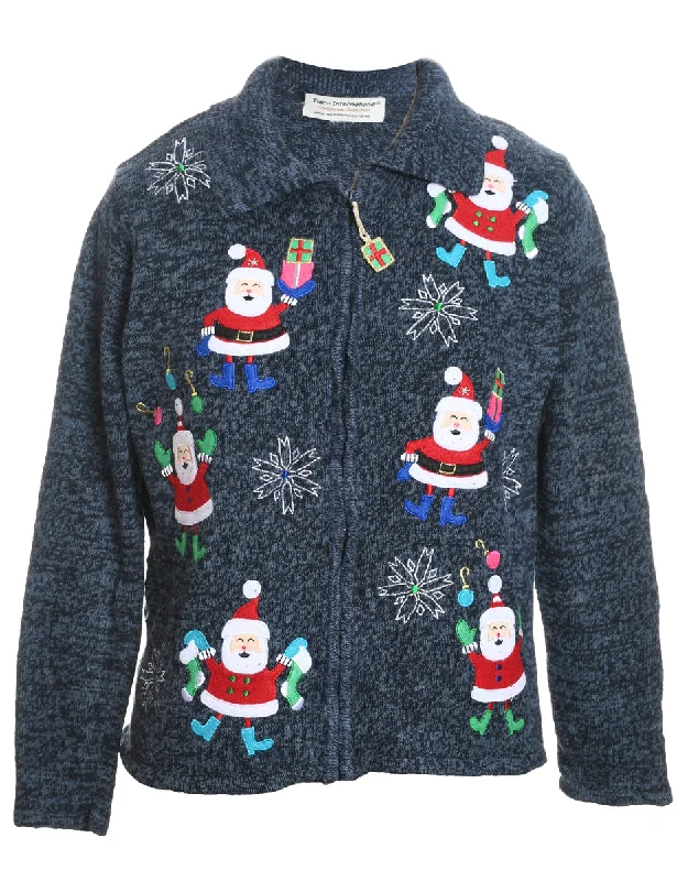 Santa Claus Navy Embroidered Christmas Cardigan - M Elegant Classic Vintage