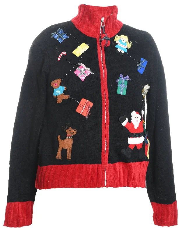 Santa Claus & Reindeer Christmas Cardigan - M Anti-Pilling Anti-Shrink Durable