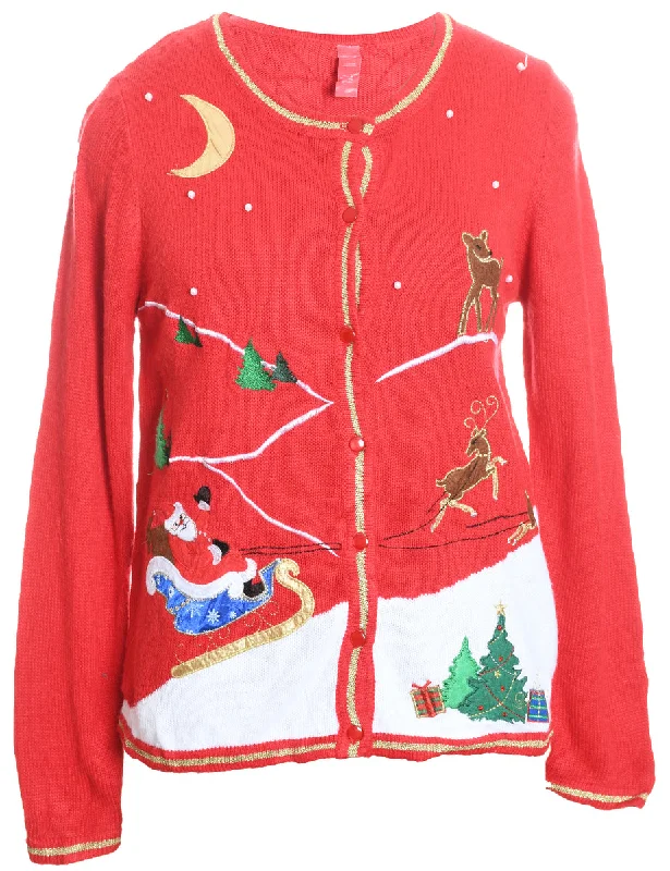 Santa Claus & Reindeer Lurex Knit Christmas Cardigan - M Boxy Cardigan Fitted Cardigan A-Line Santa Claus & Reindeer Lurex Knit Christmas Cardigan - M Boxy Cardigan Fitted Cardigan A-Line