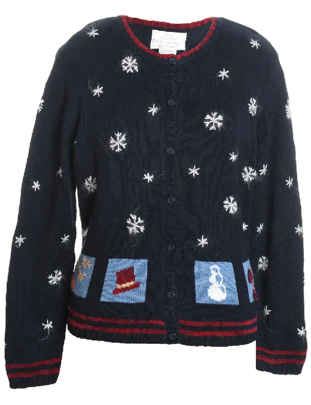 Snowfall Design Christmas Cardigan - M Spandex Blend Rayon Blend Denim Blend