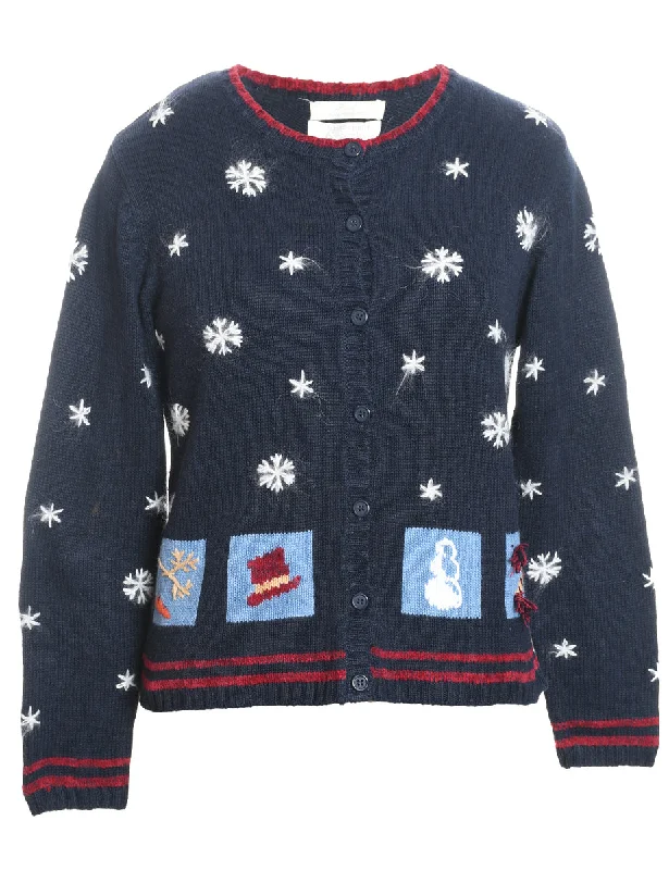 Snowfall Design Navy Embroidered Christmas Cardigan - S Satin Blend Silk Blend Wool Blend