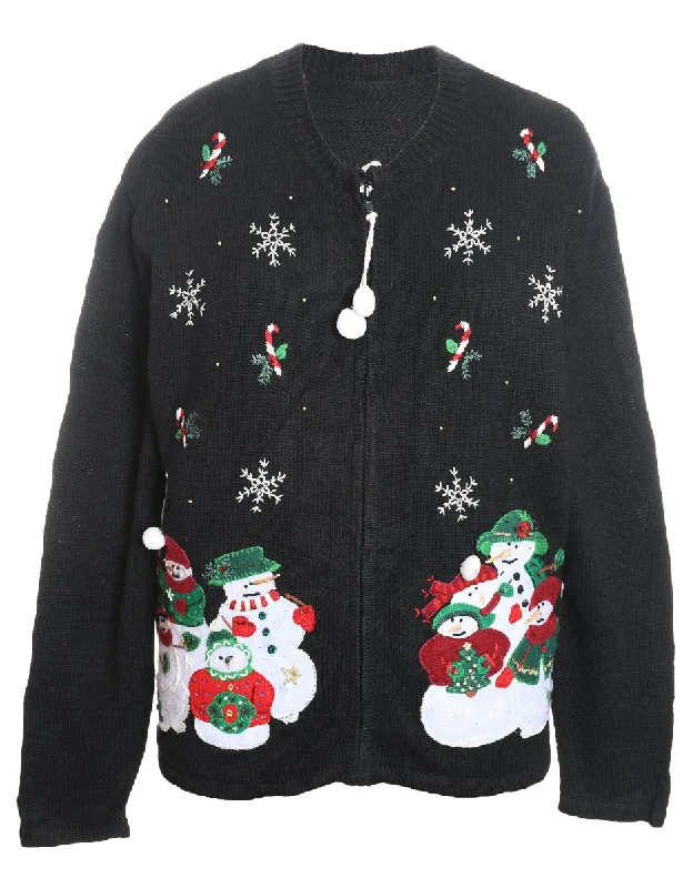 Snowman Christmas Cardigan - L Open Front Closed Front Wrap Front