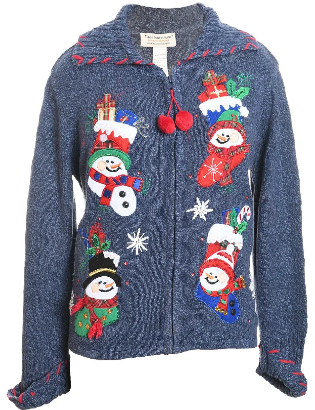 Snowman Christmas Cardigan - L Ribbed Striped Patterned