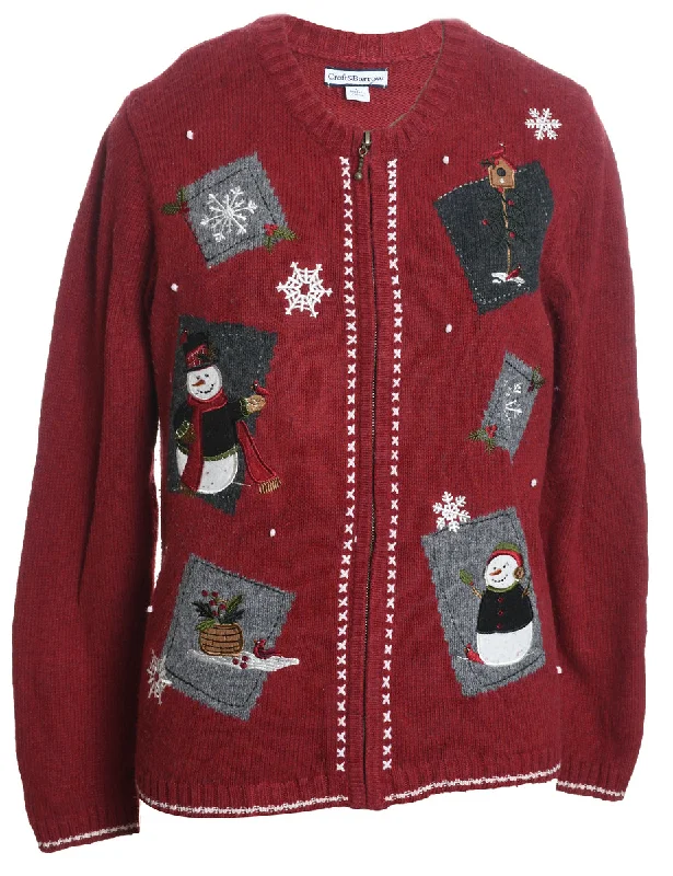 Snowman Christmas Cardigan - L Asymmetrical,ymmetric Pencil Cardigan