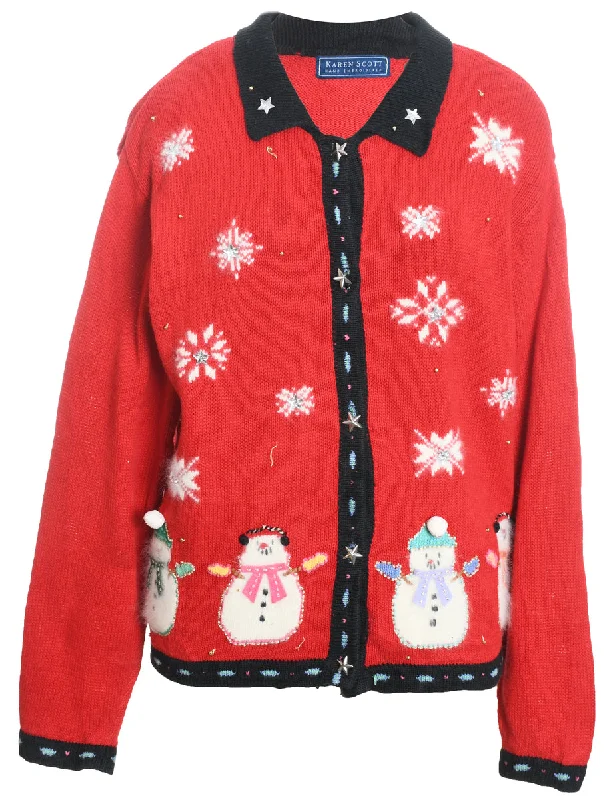 Snowman Christmas Cardigan - L Knit Fabric Woven Fabric Fleece Fabric