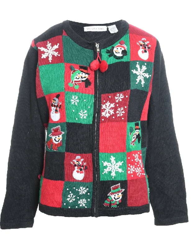 Snowman Christmas Cardigan - L Spandex Rayon Corduroy