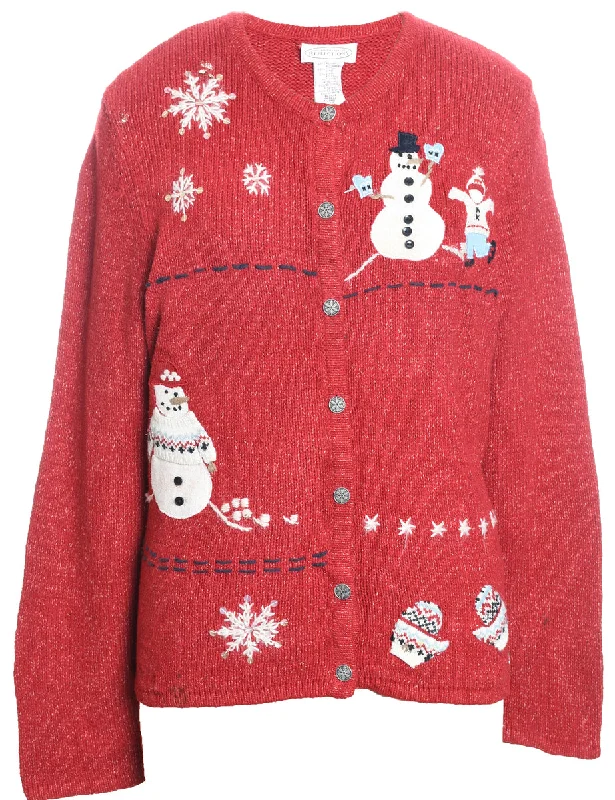 Snowman Christmas Cardigan - L Handmade Hand-knitted Hand-woven