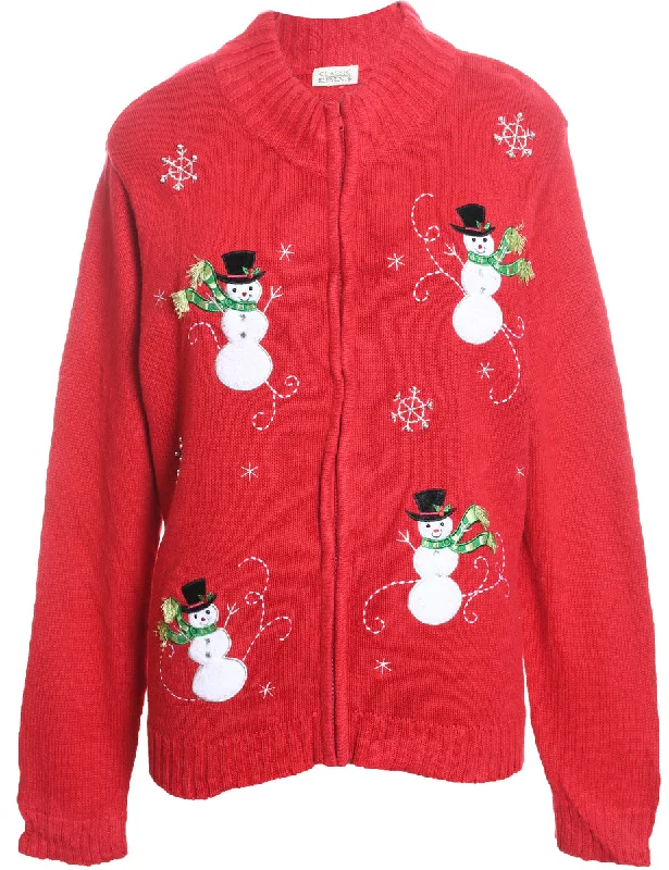 Snowman Christmas Cardigan - L Denim Fabric Leather Fabric Suede Fabric