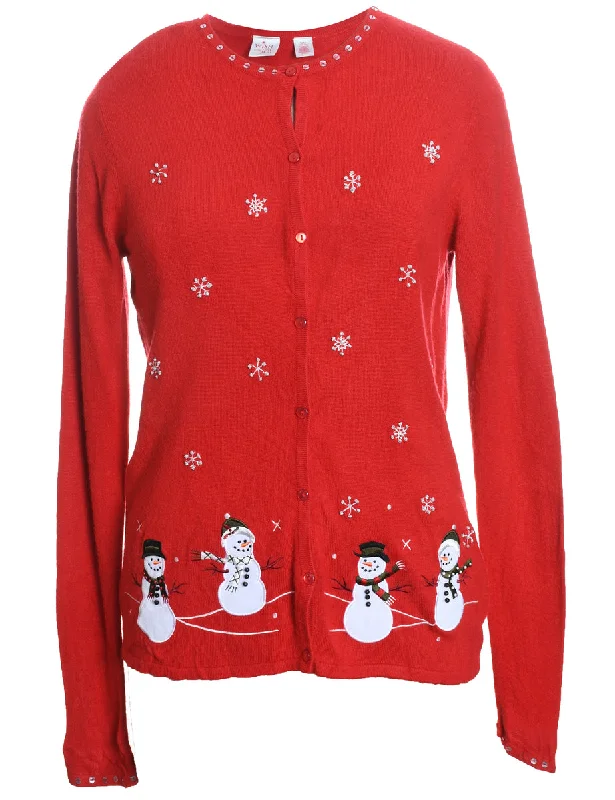 Snowman Christmas Cardigan - M Herringbone Houndstooth Plaid