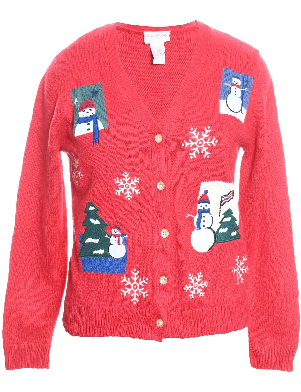 Snowman Christmas Cardigan - M Mesh Blend Leather Blend Suede Blend