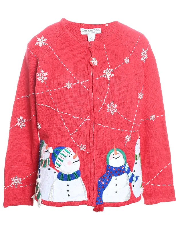 Snowman Christmas Cardigan - M Satin Blend Silk Blend Wool Blend
