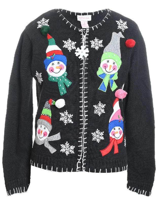 Snowman Christmas Cardigan - M Herringbone Houndstooth Plaid